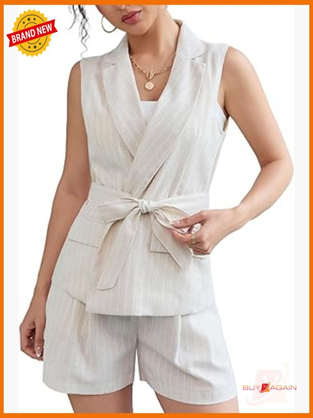 Linen 2 Piece Outfit Belted Vest and High Waisted Shorts Set Casual Workwear